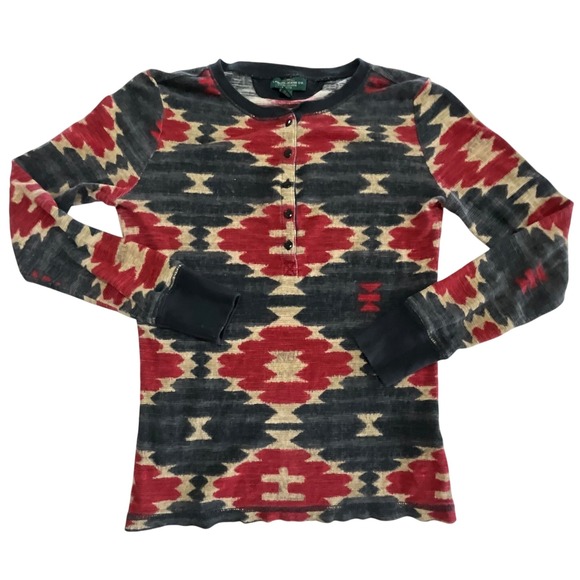 LRL Lauren Jeans Co Petite Aztec Print Henley Top - Women's - Picture 1 of 4